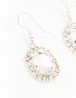 Silver Oval Halo Drop Earrings