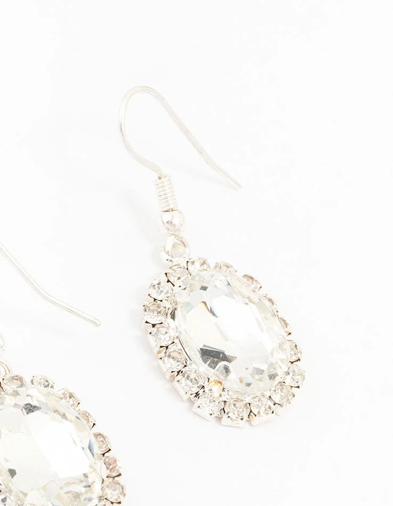 Silver Oval Halo Drop Earrings