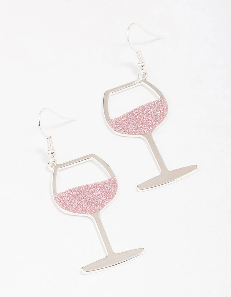 Silver Glitter Wine Glass Drop Earrings