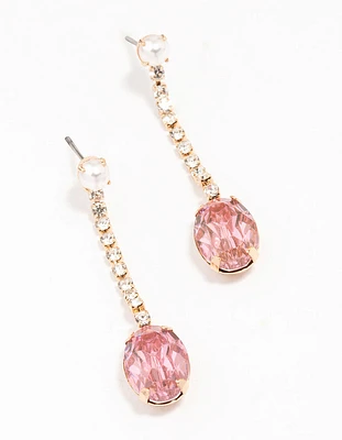 Gold Pearl Pink Diamante Cup Chain Oval Drop Earrings