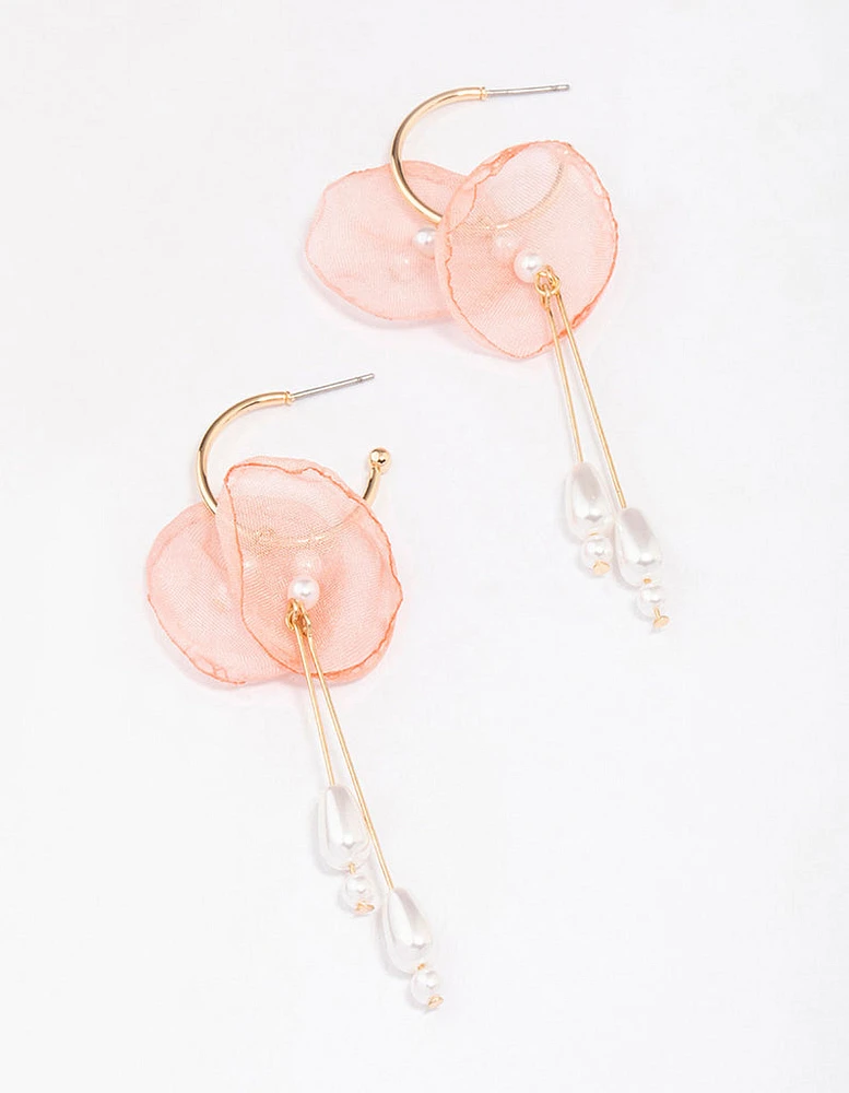 Gold Fabric Flower Pearl Drop Earrings