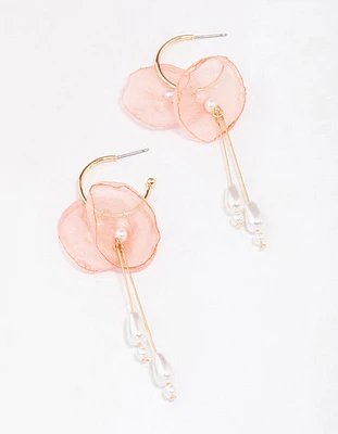 Gold Fabric Flower Pearl Drop Earrings