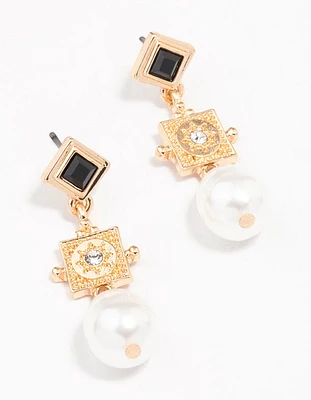 Gold Diamond Square Pearl Drop Earrings
