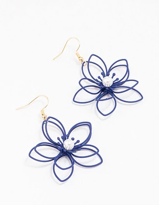 Gold & Navy Blue Wire Pearl Drop Earrings