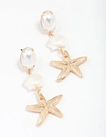 Gold Pearl Starfish Drop Earrings