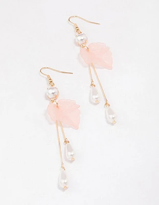 Gold Pearl & Leaf Drop Earrings