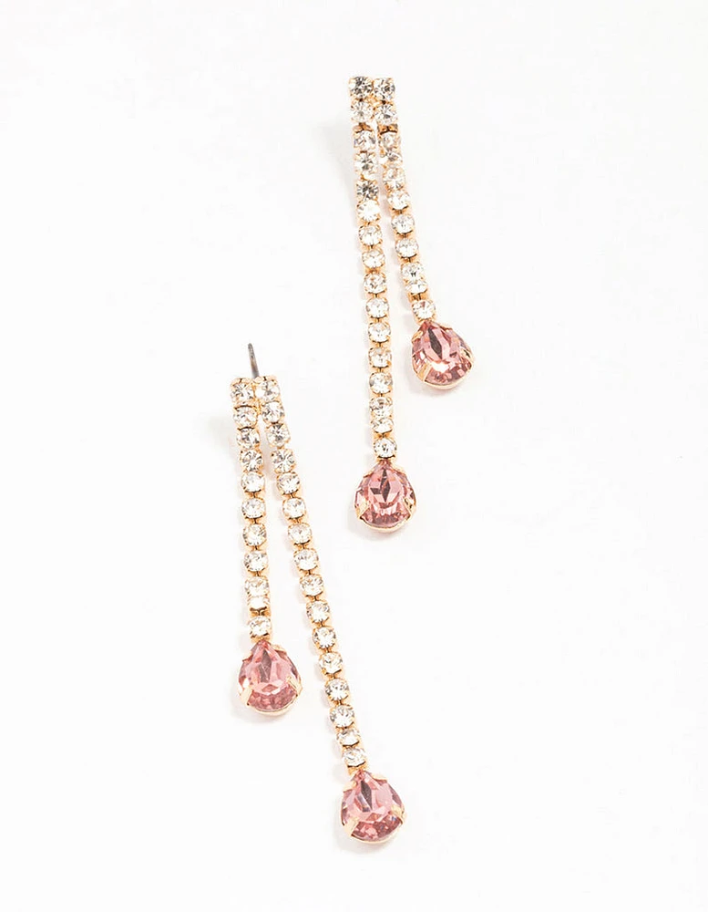 Gold Double Cupchain Pink Pear Drop Earrings