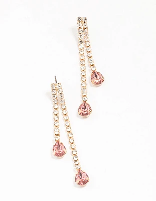 Gold Double Cupchain Pink Pear Drop Earrings