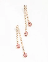 Gold Double Cupchain Pink Pear Drop Earrings