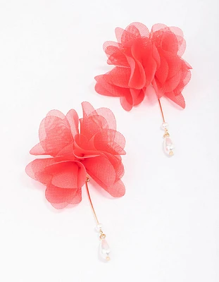 Red Fabric Flower Pearl Drop Earrings