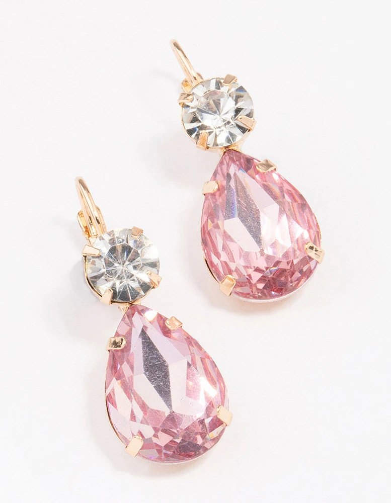 Gold Pink Pear Crystal Drop Earrings