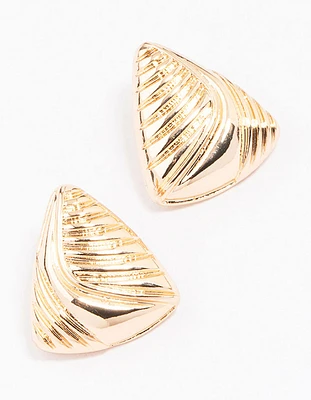 Gold Ribbed Triangular Stud Earrings