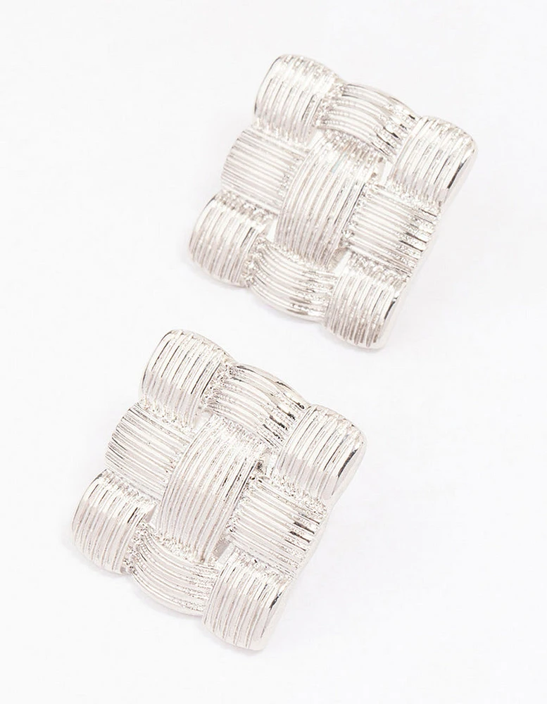 Rhodium Quilted Square Stud Earrings