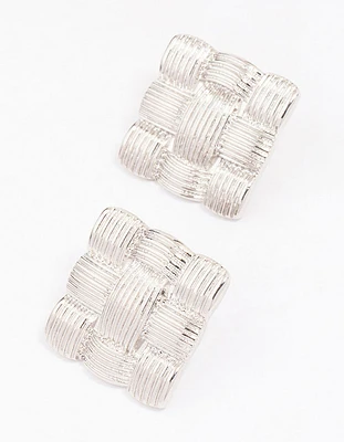 Rhodium Quilted Square Stud Earrings