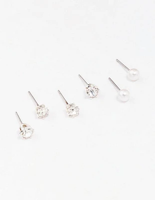 Silver Diamante & Pearl Stud Earring 3-Pack