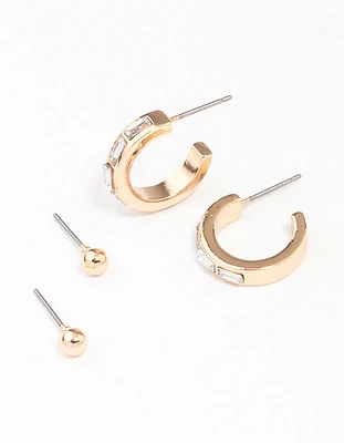 Gold Rectangular Diamante Hoop & Stud Earring Pack