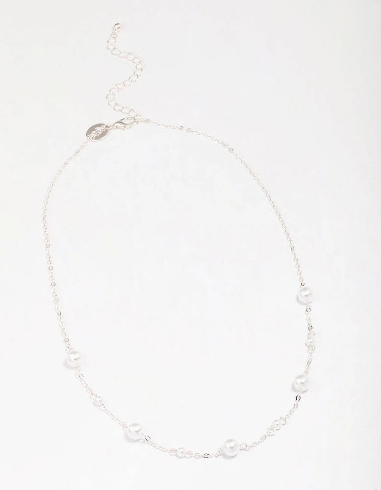 Silver Pearl & Ball Station Chain Necklace