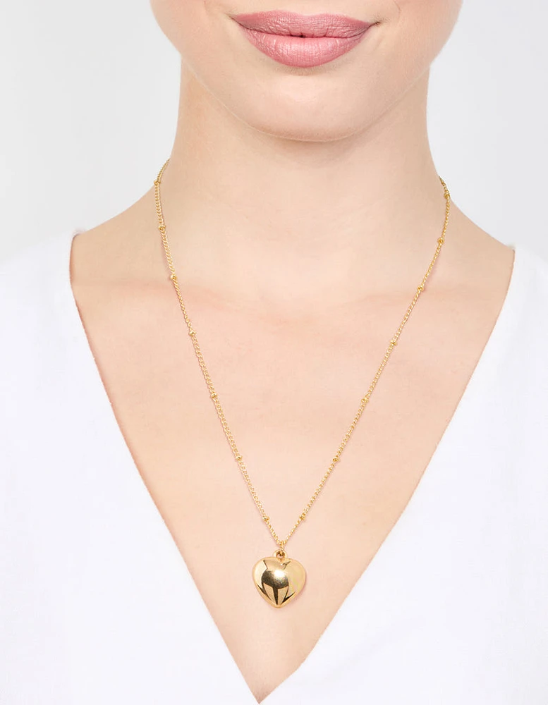 Gold Puffy Heart Ball Chain Pendant Necklace