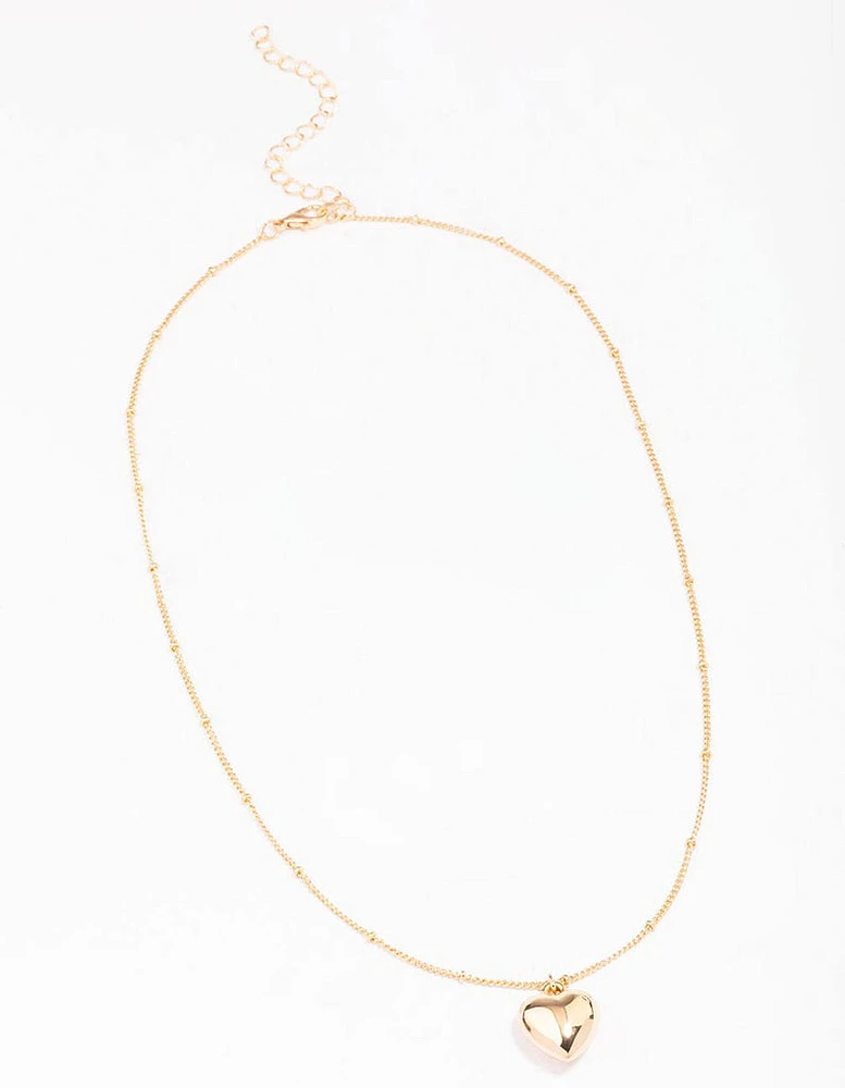 Gold Puffy Heart Ball Chain Pendant Necklace