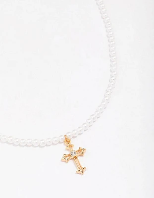 Gold Pearl Cross Pendant Necklace