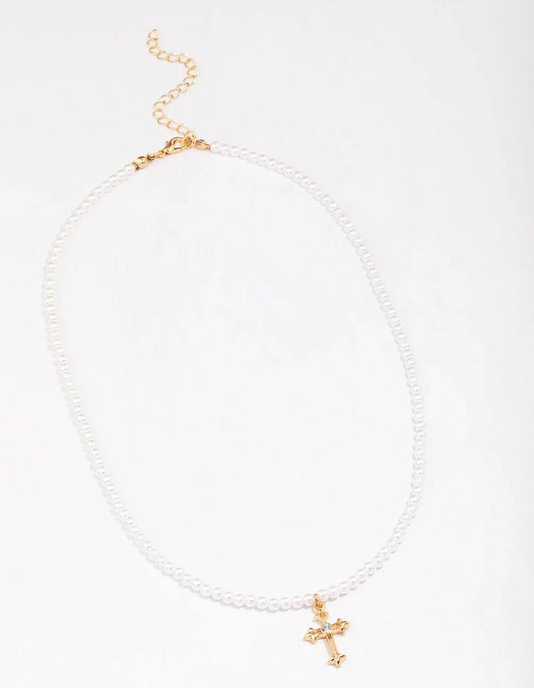 Gold Pearl Cross Pendant Necklace