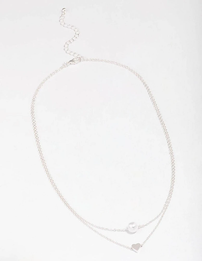 Silver Double Chain Pearl Heart Necklace