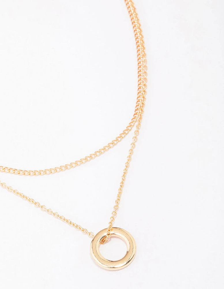 Gold Double Chain Circle Pendant Layered Necklace