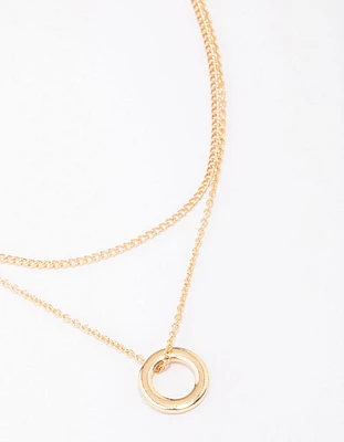 Gold Double Chain Circle Pendant Layered Necklace