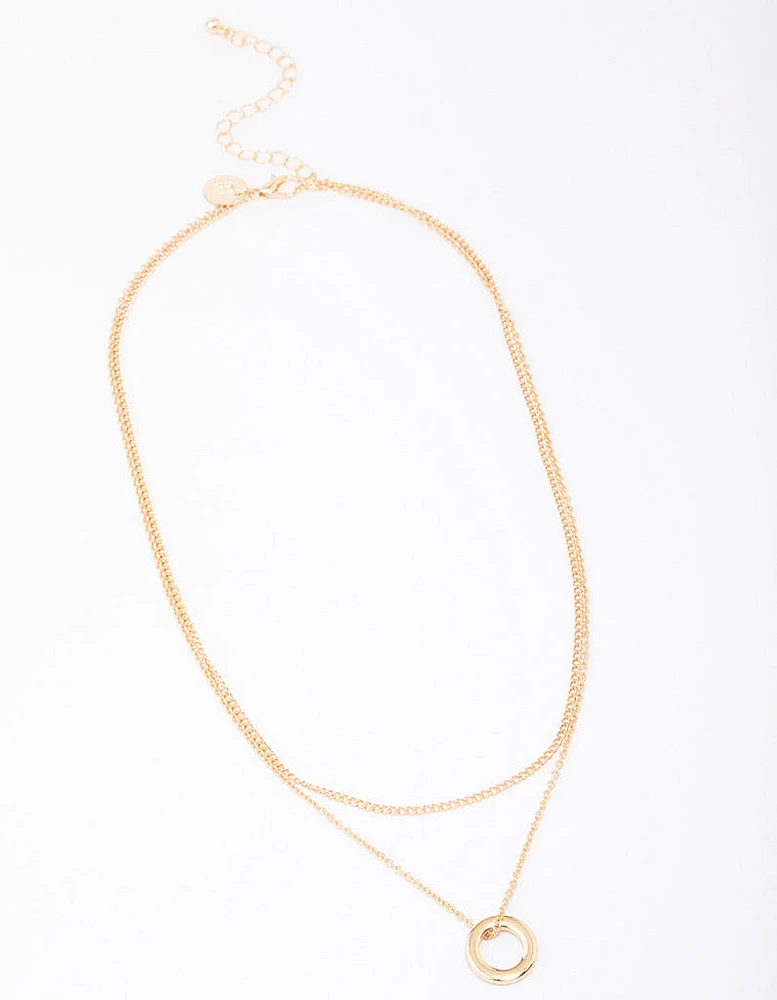 Gold Double Chain Circle Pendant Layered Necklace