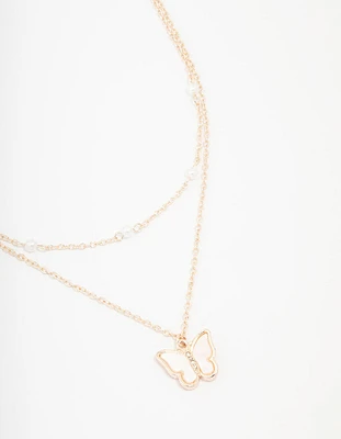 Kids Rose Gold Pearl Butterfly Layered Necklace