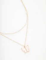 Kids Rose Gold Pearl Butterfly Layered Necklace