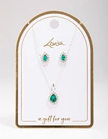 Silver Emerald Teardrop Diamante Jewellery Set