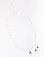 Silver Emerald Teardrop Diamante Jewellery Set