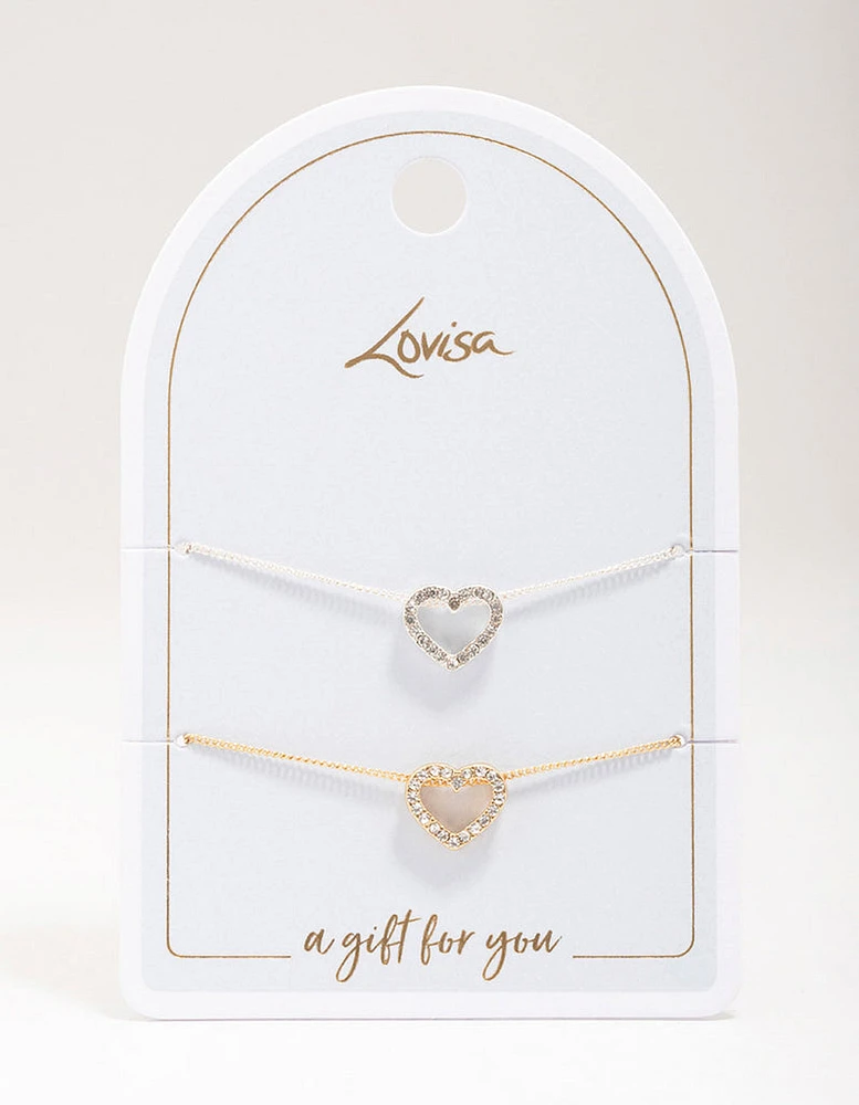 Gold & Silver Open Heart Diamante Bracelet Pack