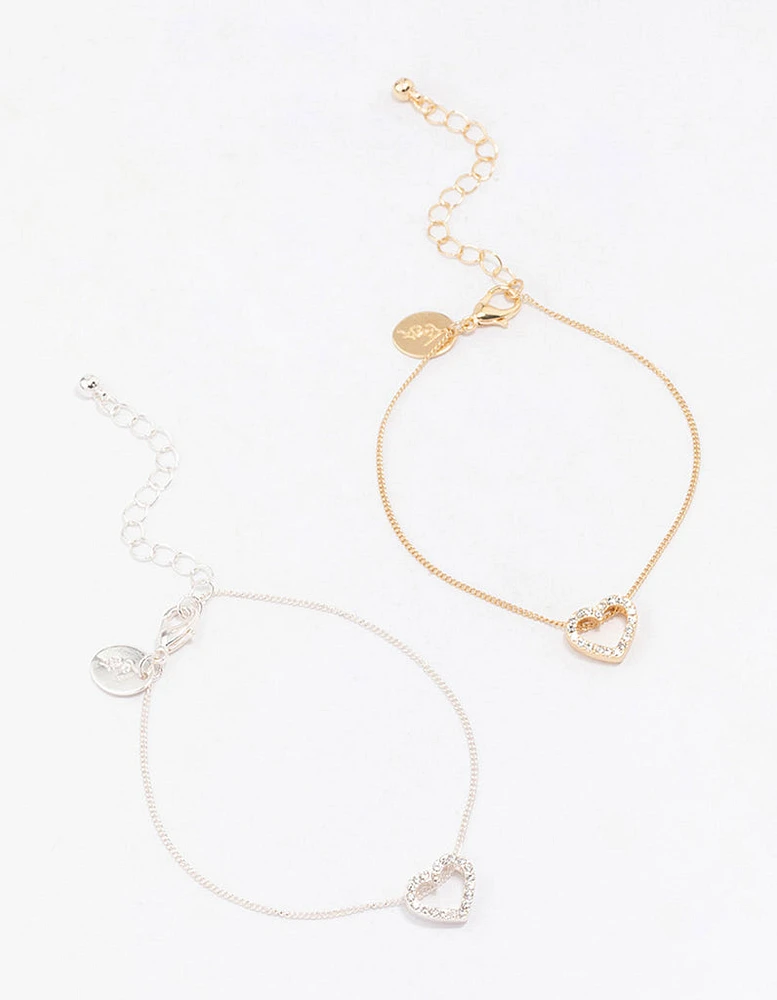 Gold & Silver Open Heart Diamante Bracelet Pack