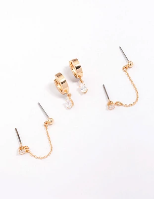 Gold Cubic Zirconia Chain Stud & Hoop Earring 3-Pack