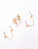 Gold Cubic Zirconia Chain Stud & Hoop Earring 3-Pack