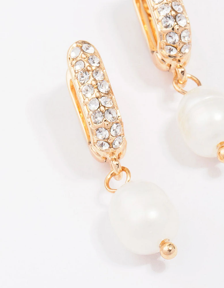 Gold Small Diamante & Pearl Drop Earrings