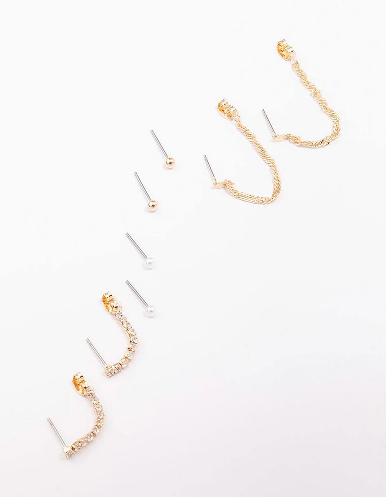 Gold Mixed Chain & Drop Earring 4-Pack