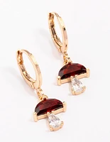 Gold Ruby Mushroom Drop Huggie Hoop Earrings