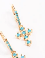 Gold Cubic Zirconia & Turqouise Cross Drop Earrings
