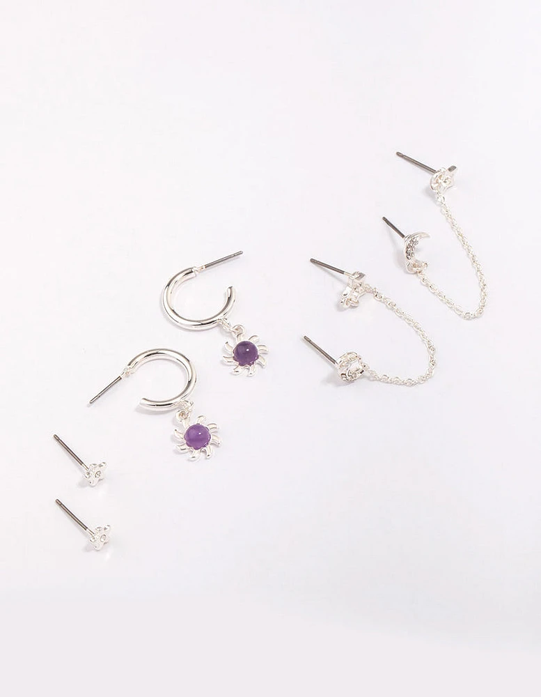 Silver Celestial Amethyst Chain Hoop Earring 4-Pack