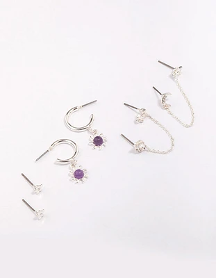 Silver Celestial Amethyst Chain Hoop Earring 4-Pack