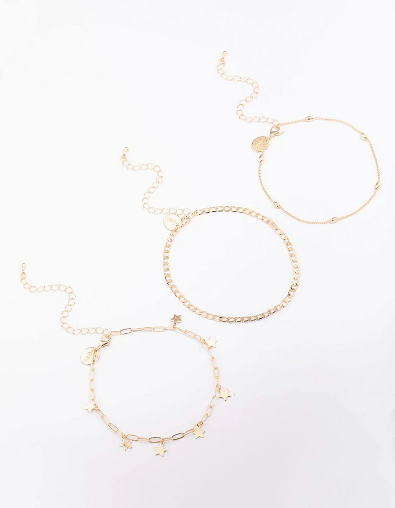 Gold Mixed Star Chain Anklet 3-Pack