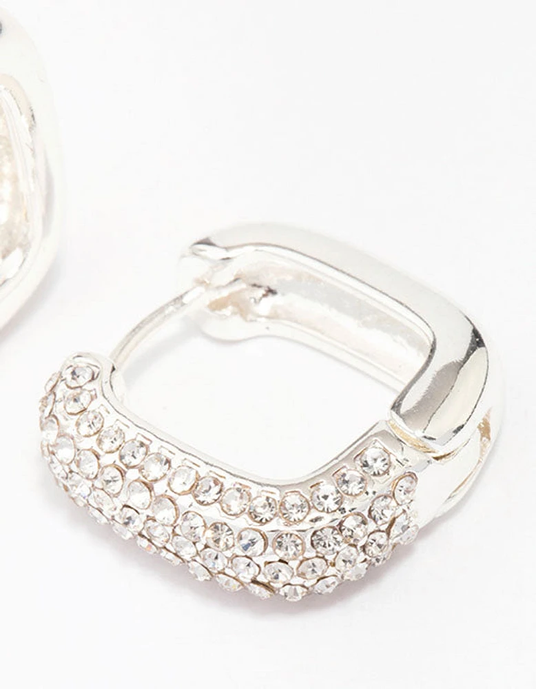 Silver Plated Square Pave Hoop Earrings