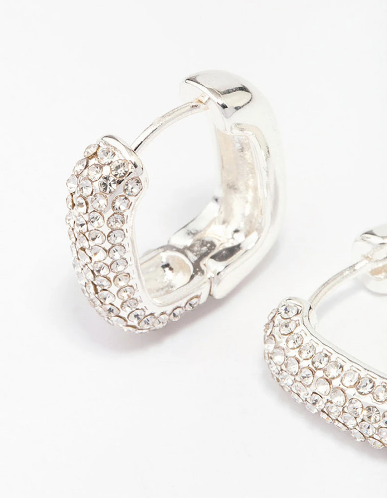 Silver Plated Square Pave Hoop Earrings