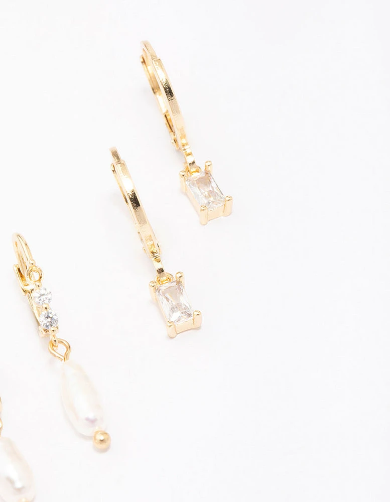 Gold Plated Baguette & Pearl Earring Pack