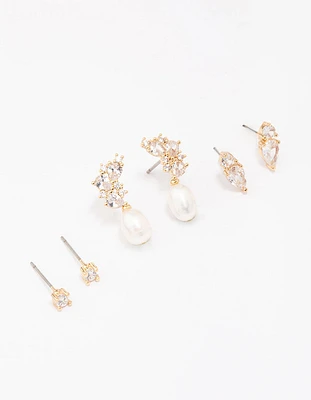 Gold Plated Cubic Zirconia Cluster & Pearl Earring 3-Pack