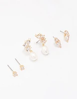 Gold Plated Cubic Zirconia Cluster & Pearl Earring 3-Pack