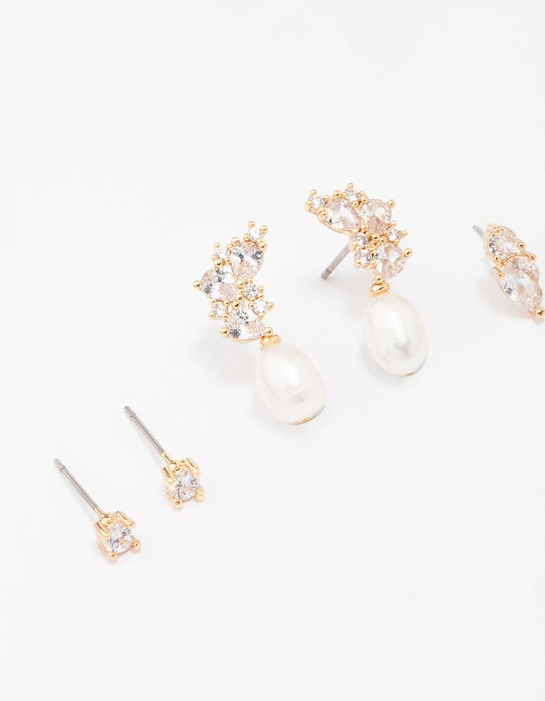 Gold Plated Cubic Zirconia Cluster & Pearl Earrings 3-Pack